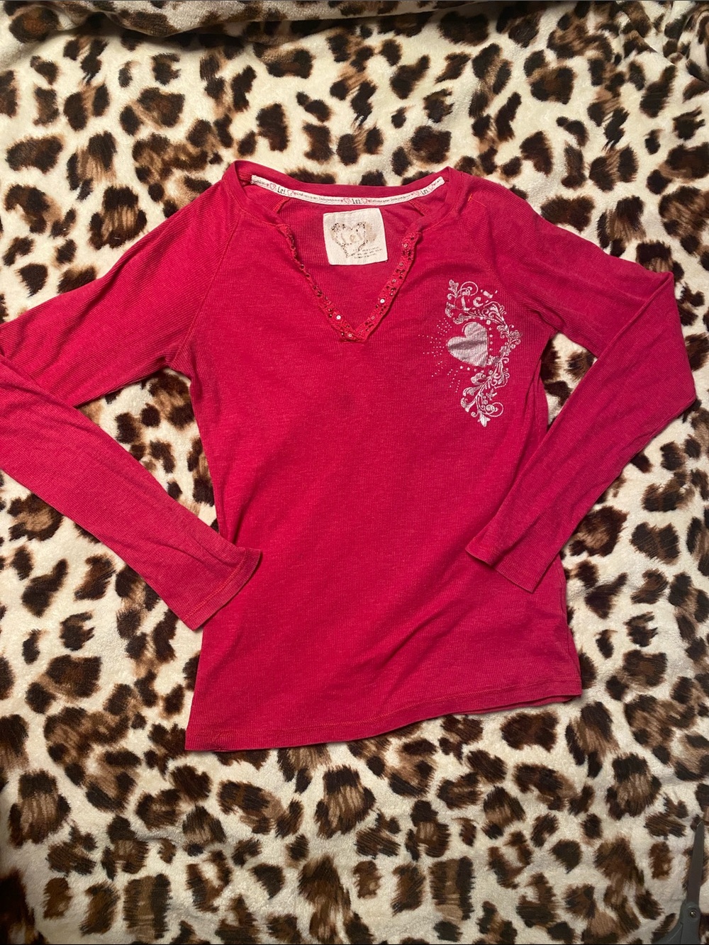 Embellished Raspberry Long-Sleeve V-Neck Tee